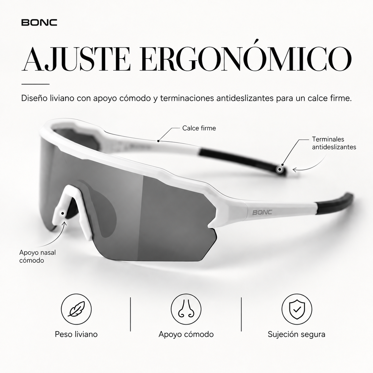 Ajuste ergon&oacute;mico BONC: dise&ntilde;o liviano, apoyo nasal c&oacute;modo y terminales antideslizantes.